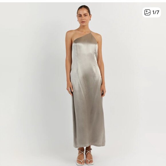 NWT DISSH Rio Pewter Silver Satin One Shoulder Midi Dress Cocktai - Picture 2 of 6
